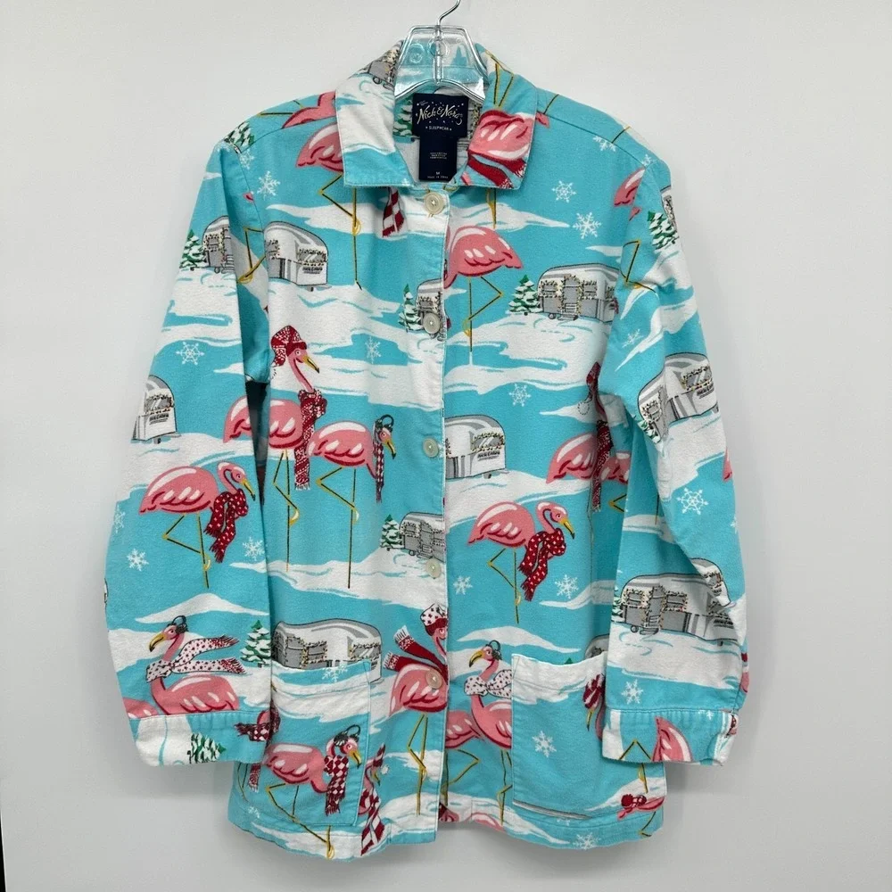 Nick & Nora Pajamas Medium Flannel Flamingo Airstream‎ Camper Set Coastal Boho